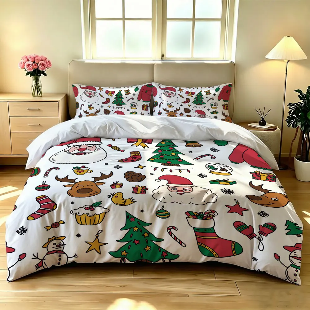 3-piece set (1 bedspread + 2 pillowcases) with Santa Claus, elk, Christmas tree perfect for home decoration