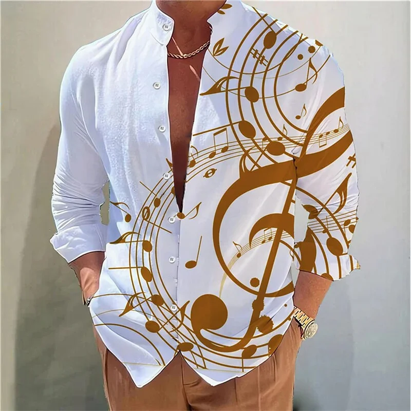 2024 new men\'s summer long sleeve shirt music print design comfortable elegant men\'s shirt oversized casual wear top