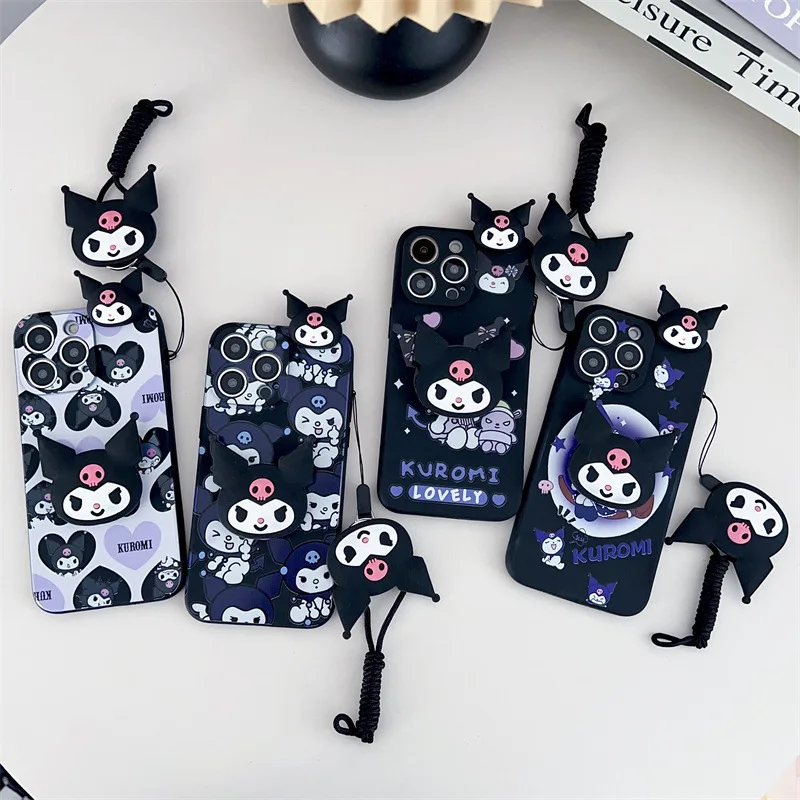 Funda de teléfono con cordón y soporte Kuromi de dibujos animados Kawaii 3D para iPhone 16 15 14 13 12 mini 11 Pro Max XS X XR 7 8 Plus, funda a prueba de golpes