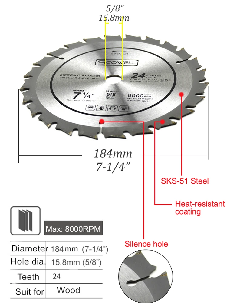Imagem -06 - Scowell-lâminas de Serra Circular Ponta do Carboneto de Tungstênio 24 Segmentos dos Dentes Disco de Corte para Trabalhar Madeira Lâmina do Círculo 71 Yg6