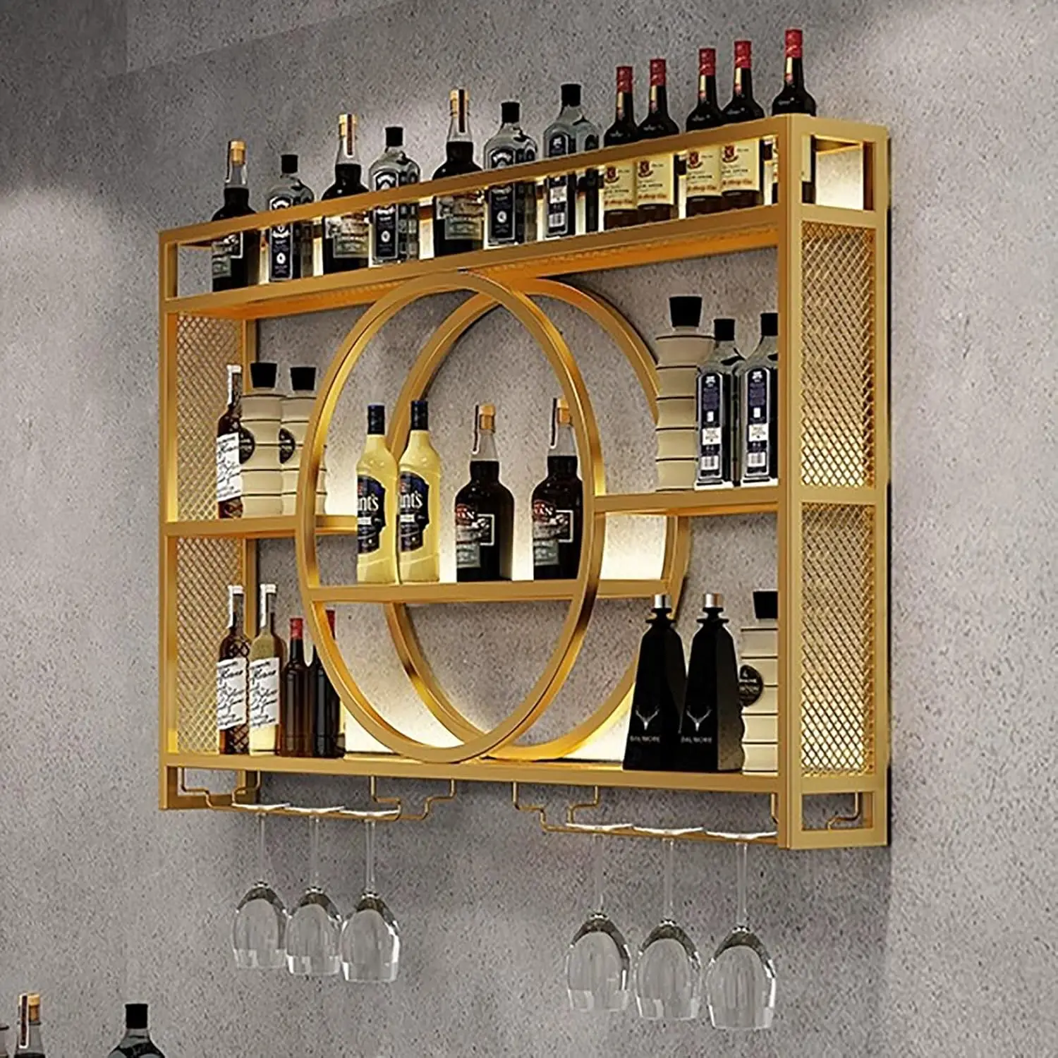 ชั้นวางไวน์ติดผนังแบบ LED ชั้นวางแก้วไวน์, ชั้นวางโลหะแบบลอยสำหรับบาร์, ชั้นวางโชว์ขวดบาร์, ที่แขวนแก้วไวน์