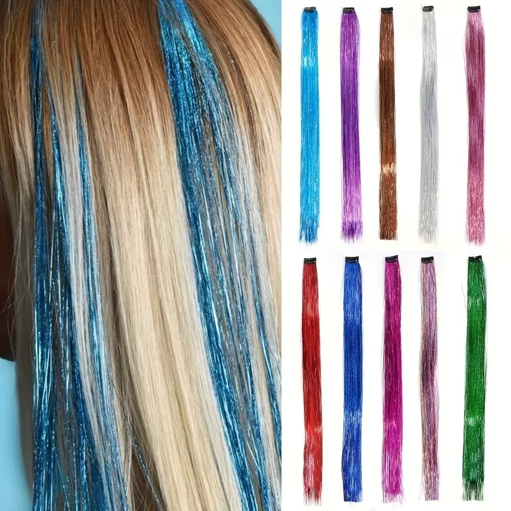 

Основные моменты, заколки для наращивания волос, блестящие красочные сказочные волосы, мишура для волос, синтетические длинные прямые волосы, мелирование для девочек