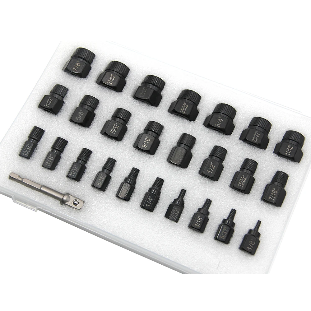 26pcs Screw Extractor Kit Standard 3/8-inch Drive Reverse Spiral Groove Easy Bolt Extractor Kit Stripped Broken Remover Tools