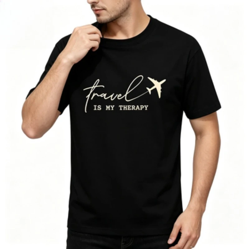Travel Is My Therapy Airplane Graphic Mens T Shirt Wanderlust Traveler Short Sleeve Crew Neck Cotton Tee Casual Wear Top
