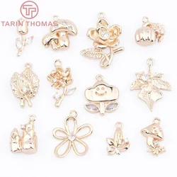 (9264) 4PCS 24K Gold Color Brass with Zircon Plant Series Flower Leaf Shaped Pendants High Quality DIY Jewelry Making Findings