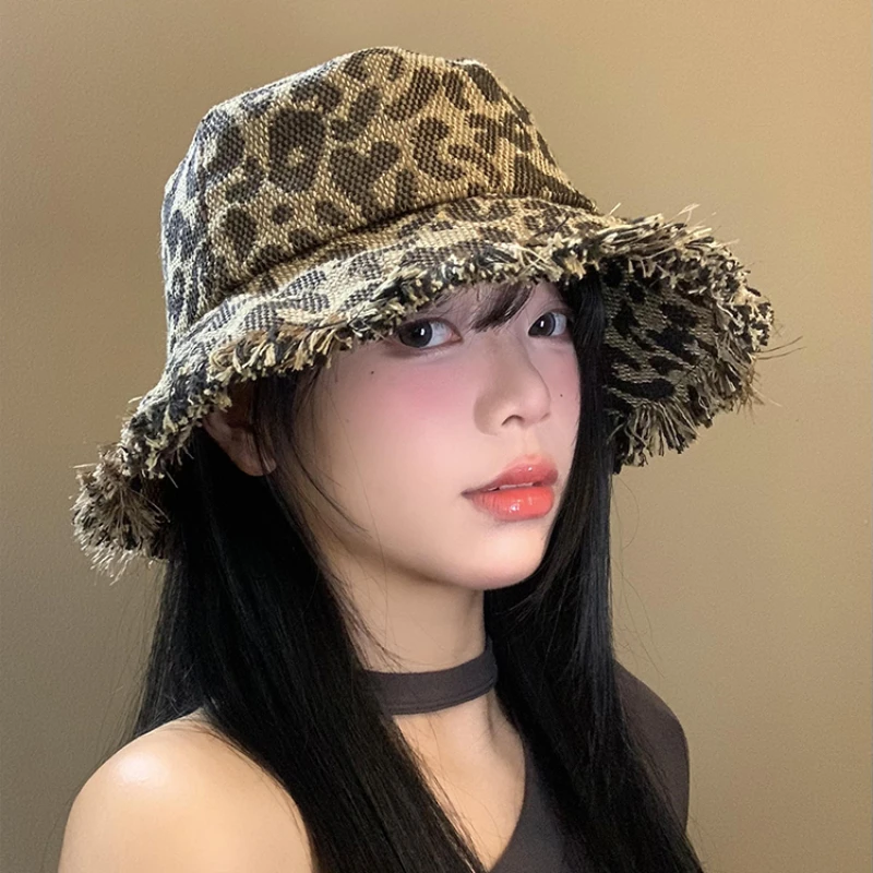 American Retro Leopard Print Burrs Bucket Hats Women Summer Versatile Big Brim Fashion Sunscreen Niche Basin Caps for Men