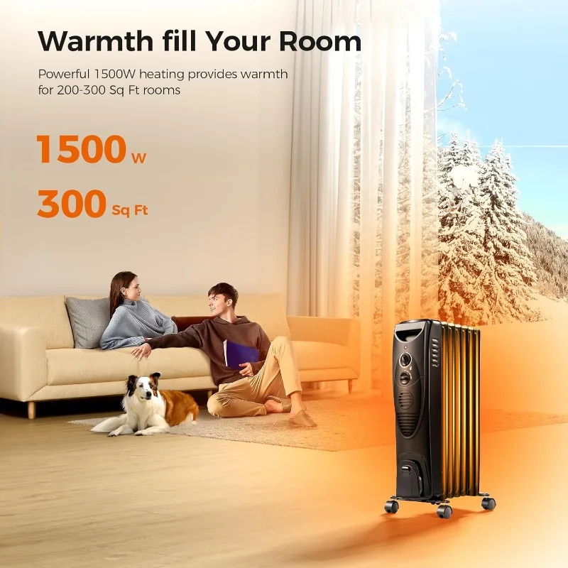 Portable Electric Radiator Heater, Oil Filled with 3 Heat Settings, Adjustable Thermostat,For Indoor Use, 1500W (Black)