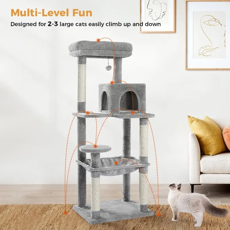 5-Tier Cat Tree for Large Cats Adult with Metal Plush Big Hammock, 56.3