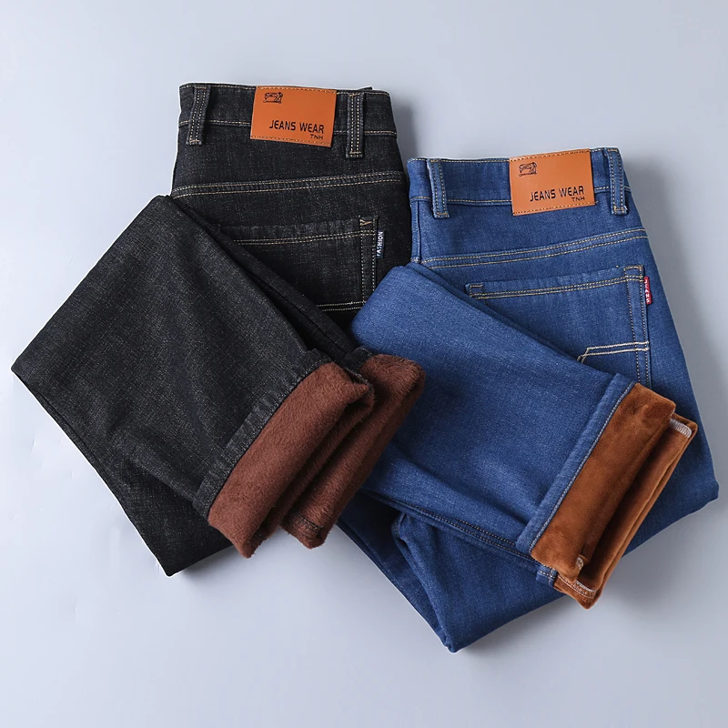 Men's 2024 Autumn and Winter New Combination Button Pocket Zipper Fashion Solid Color Plush Thickened Casual Versatile Jeans