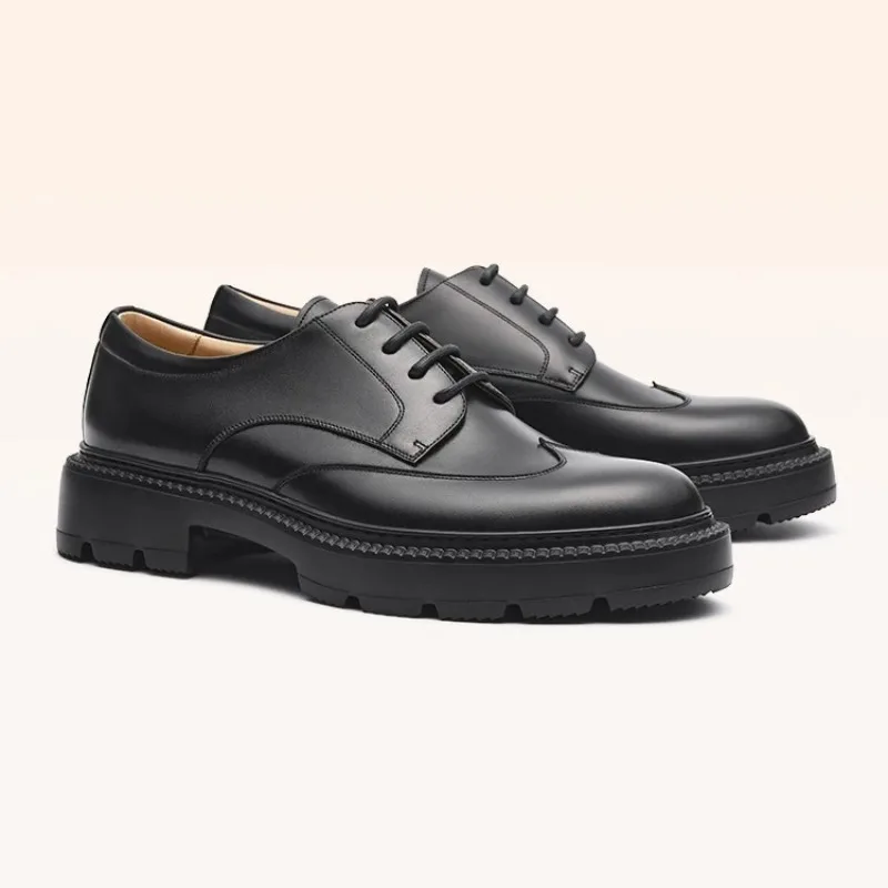 Handmade Thick Sole Height Increasing British Derby Dress Leather Shoes Men's Genuine Leather Casual Lace Up Wedding Shoes Male