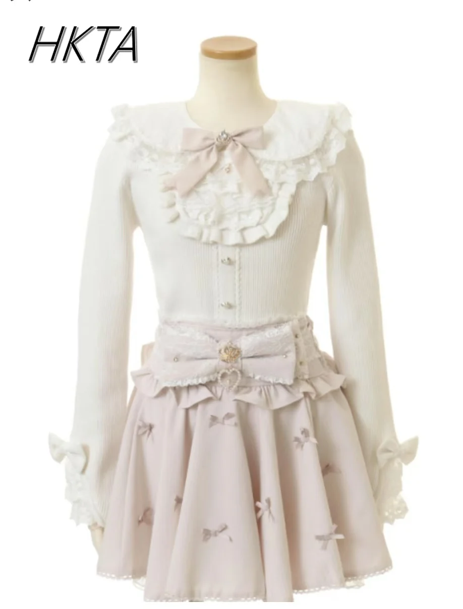 

Japanese Lolita Sweet Sweater Women Slim Thin Cute Doll Collar Long Sleeve Bow Girl Knitted Sweater Pullover Can Removed Collar