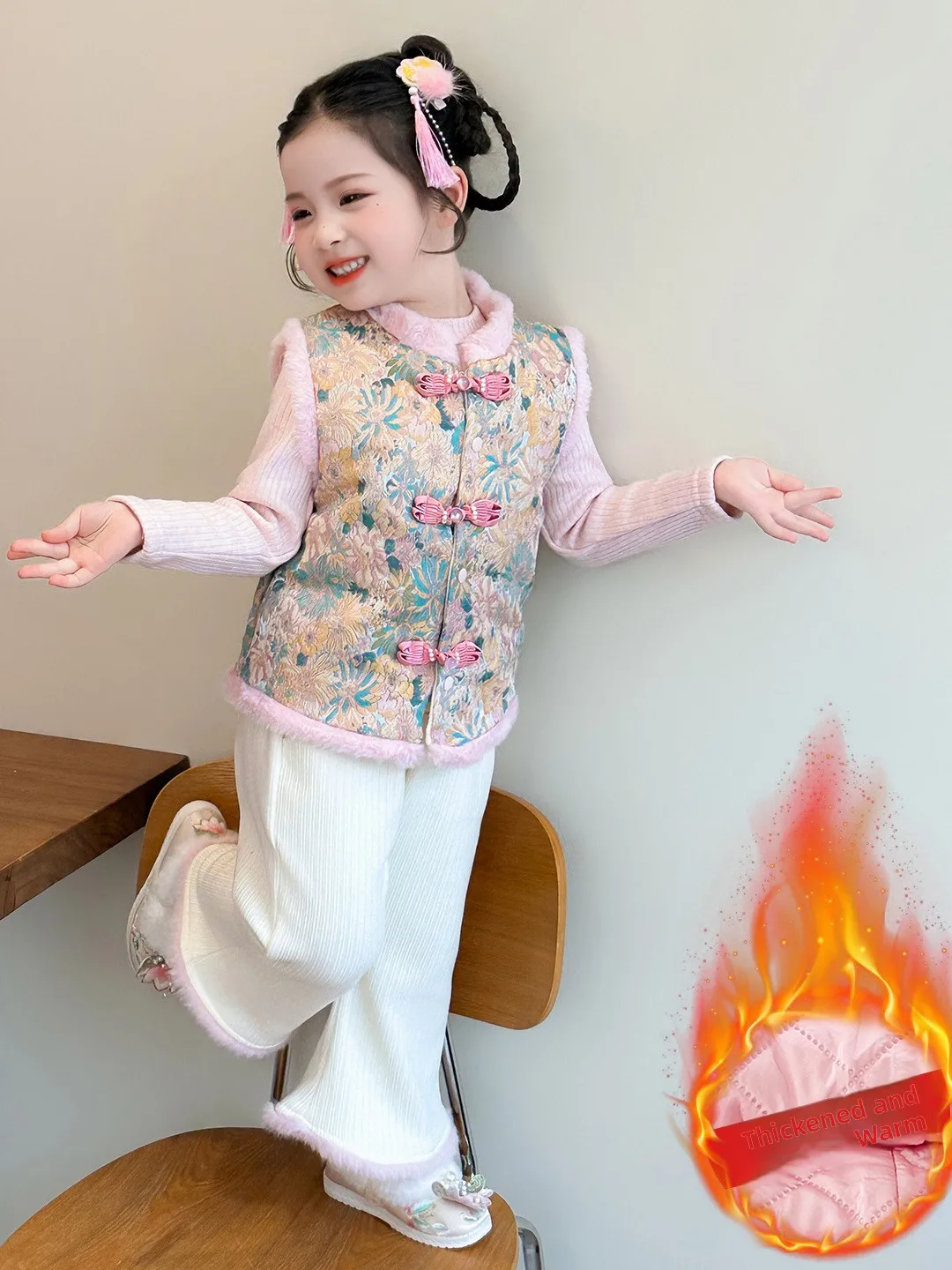 

Thiened свитер, жилет, широкие брюки, комплект футболок для маленьких девочек, традиционная китайская зимняя модная детская одежда
