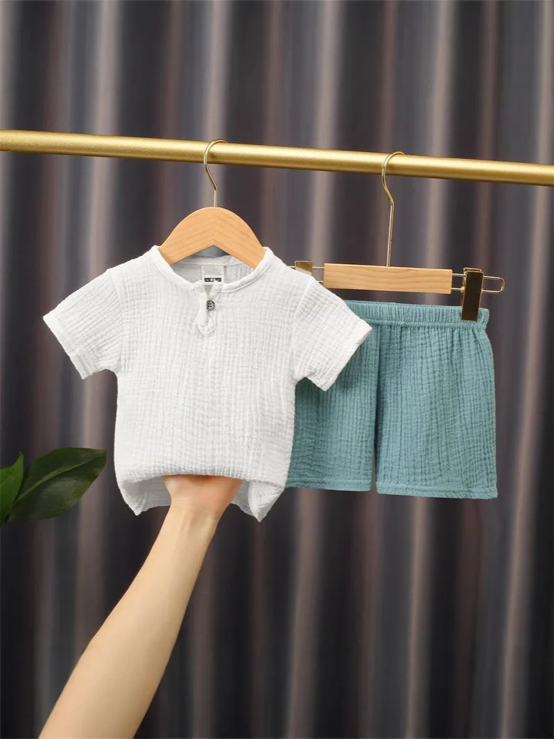 

Комплекты одежды для мальчиков и девочек, летние однотонные хлопковые льняные футболки + эластичные шорты, детская одежда, комплекты повседневной одежды для детей