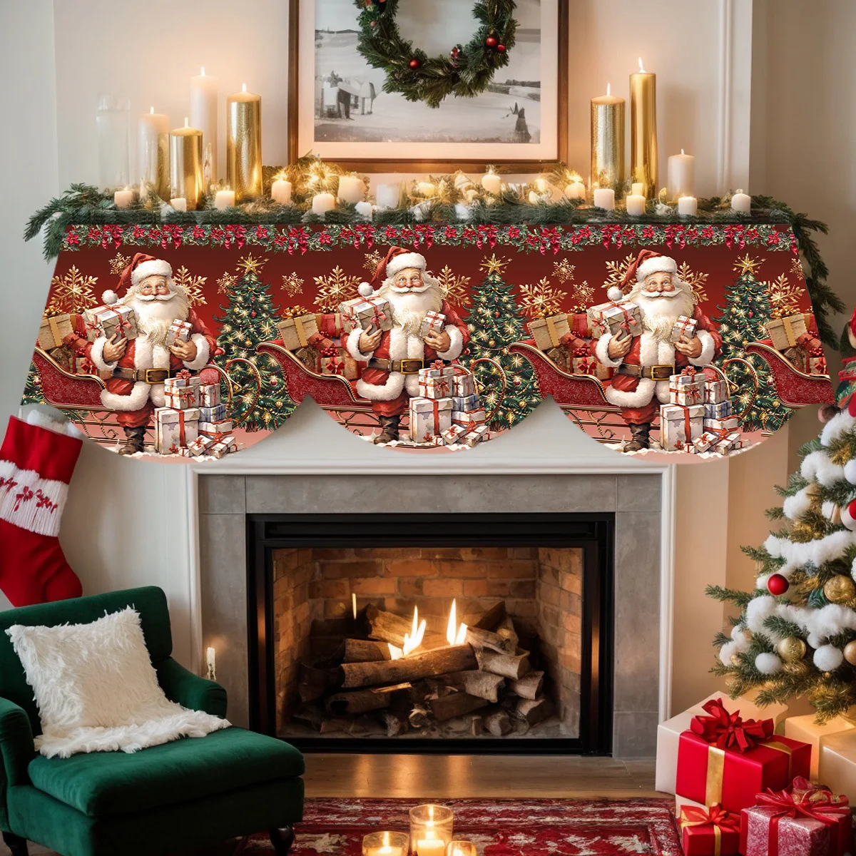 VIKAMA Christmas Fireplace Mantel Scarf Santa Gift Sleigh Mantel Topper Xmas Fireplace Shelf Cover Holiday Home Indoor Decor