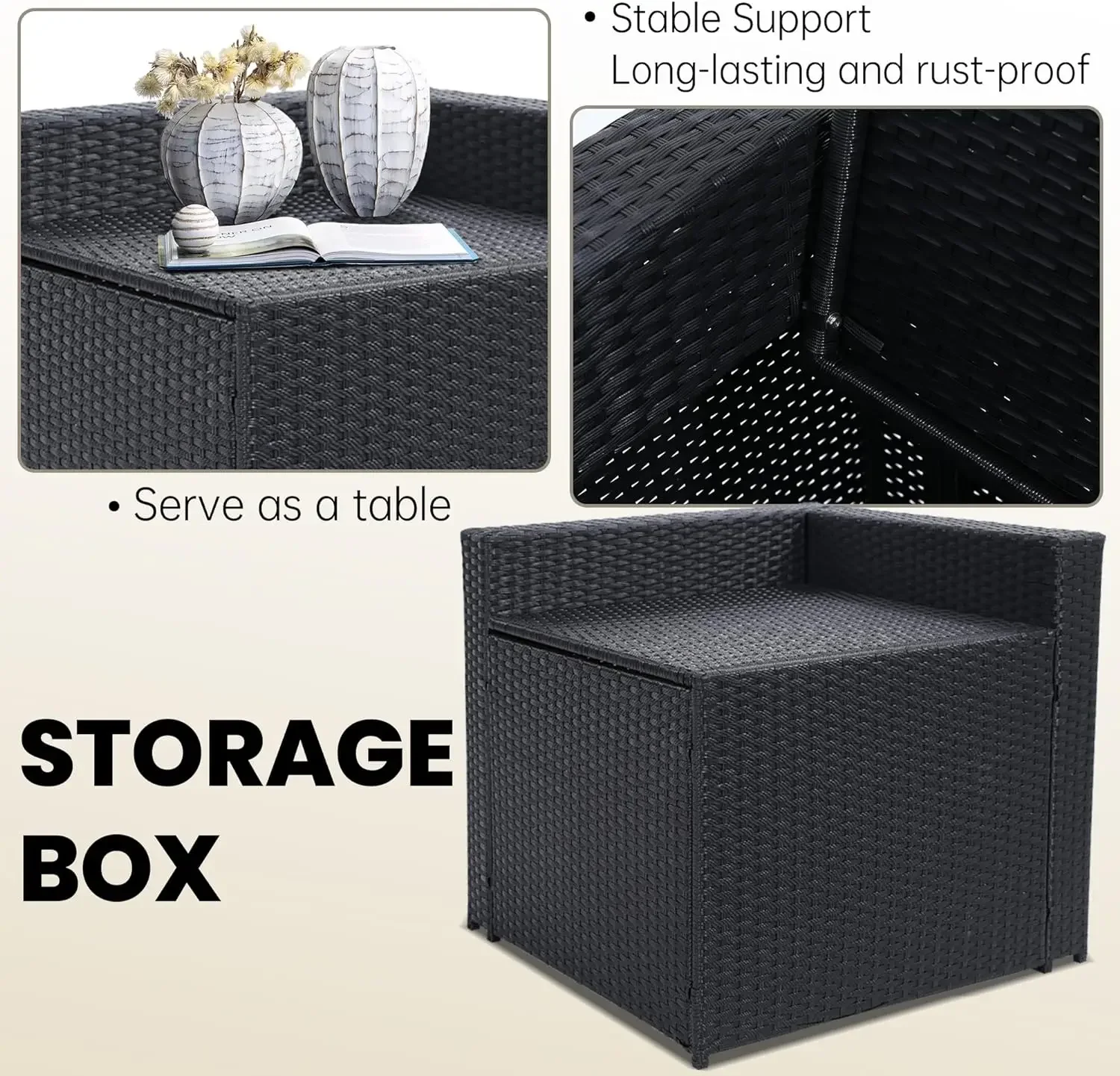 8 Pieces Outdoor Wicker Rattan Patio Furniture Sectional Set, Glass Top Table with Hidden Storage, Black Color Rattan