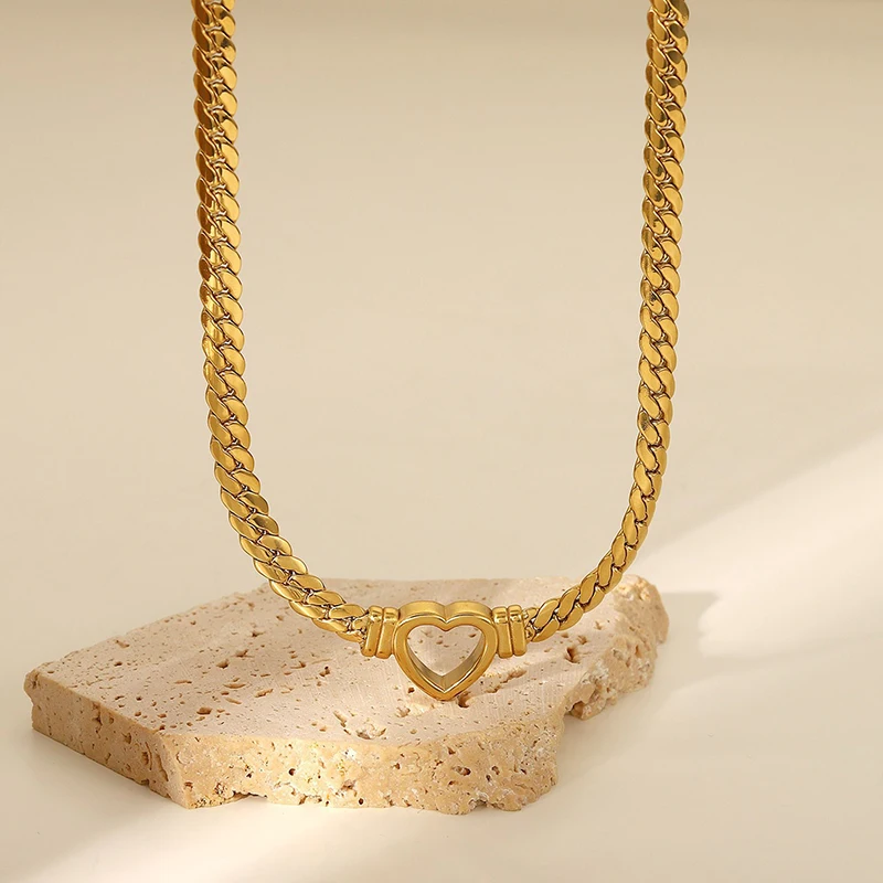 ANENJERY 316L Stainless Steel Hollow Heart Thick Necklace Bracelet For Women Snake Bone Chain Ins Fashion Jewelry Set Gifts