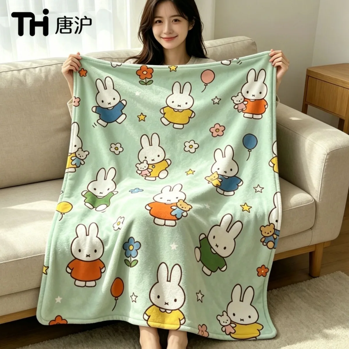 Miffy Flannel Soft Lightweight Air Conditioning Cover Blanket Warm Nap Mat Fit Office Dorm Cartoon Bedding Decorative Bed Cover