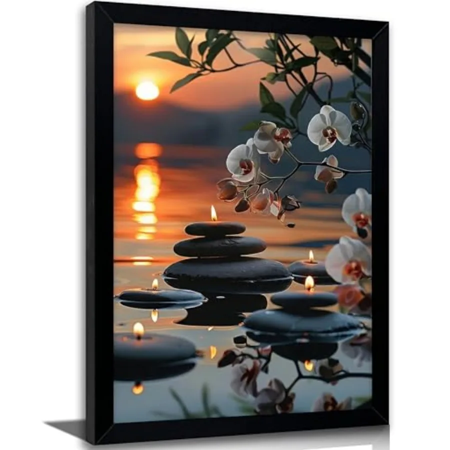 

Framed Zen Orchid Stone Wall Art, Sunset Water Reflection Spa Decor with Floating Candles, Serene Botanical Canvas Print for Ba