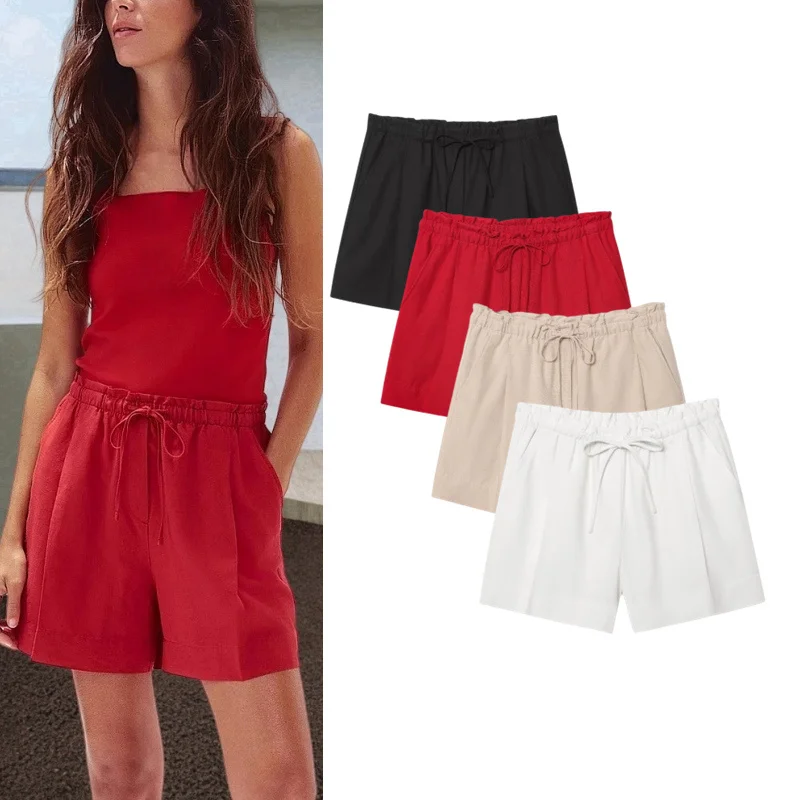 

Casual Cotton Linen Blend Drawstring Elastic Waist Straight Leg Short Pants Women's Summer Fashionable Versatile Loose Fit