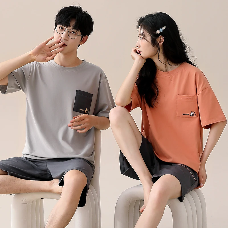 Newest Couple Pajama Set Summer Short Sleeve Pyjamas 100% Cotton Men and Women Solid Casual Sleepwear