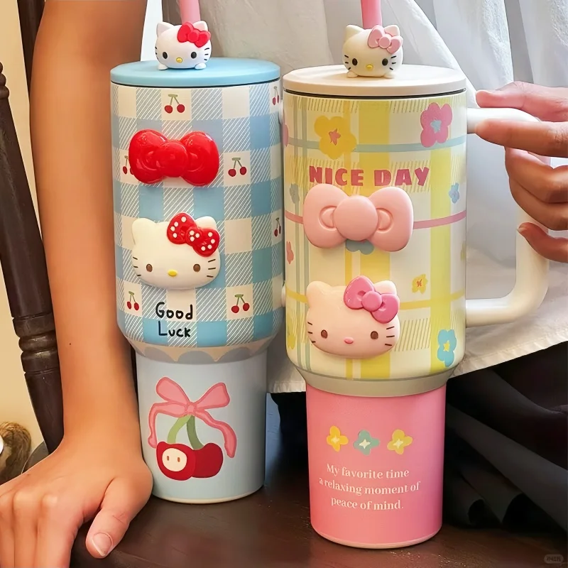 

New Hellokitty 304 Stainless 1200ml Insulated Bottle Pink Blue Grid Coffee Cup Cold And Hot Tumbler Thermo Water Bottle Mug Gift