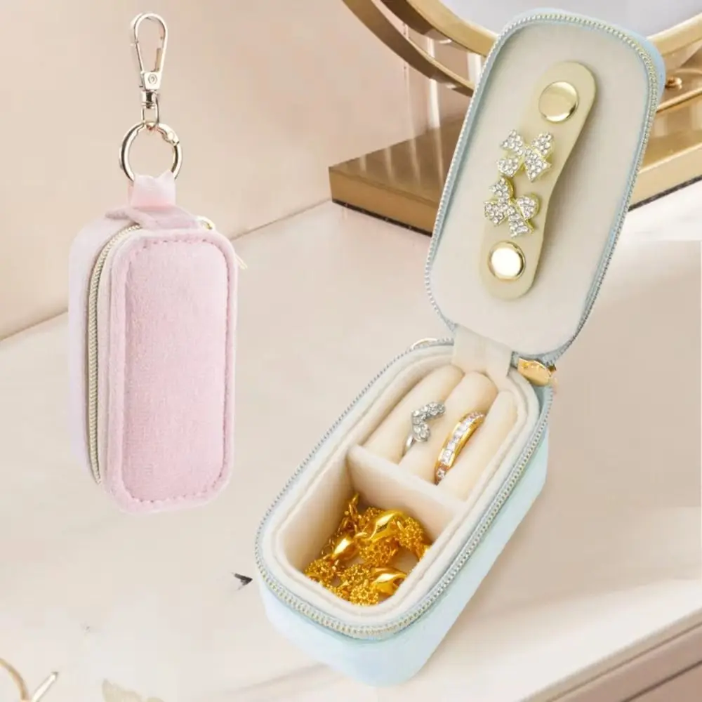 

Sturdy Flocking Construction Jewelry Case Zipper Velvet Ample Storage Space Storage Case Portable Storage Mini Travel