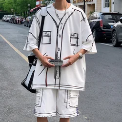 Summer 2 piece Men's Sets Shorts and T Shirts Funny Hand-painted Hip Hop Streetwear Costume Boys Oversize Outfits for Men Black