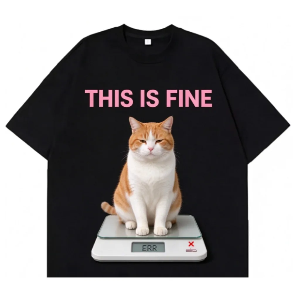 Funny This Is Fine Cat On Weight Scale Meme Printed T-shirt for Men Women, Crewneck Short Sleeve Streetwear Tee