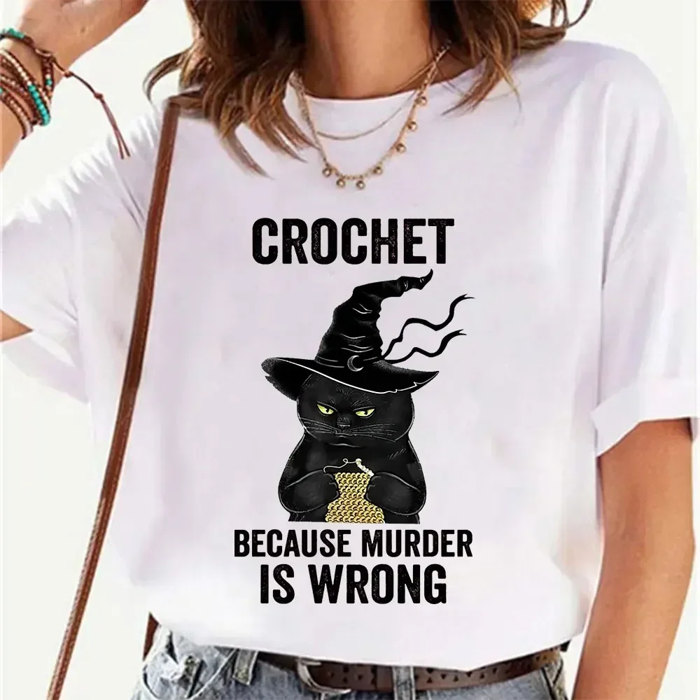 Casual T Shirt Harajuku Fashion Top Tees Crochet Because Murder Is Wrong Print T-shirts for Women Black Cat Clothes Short Sleeve