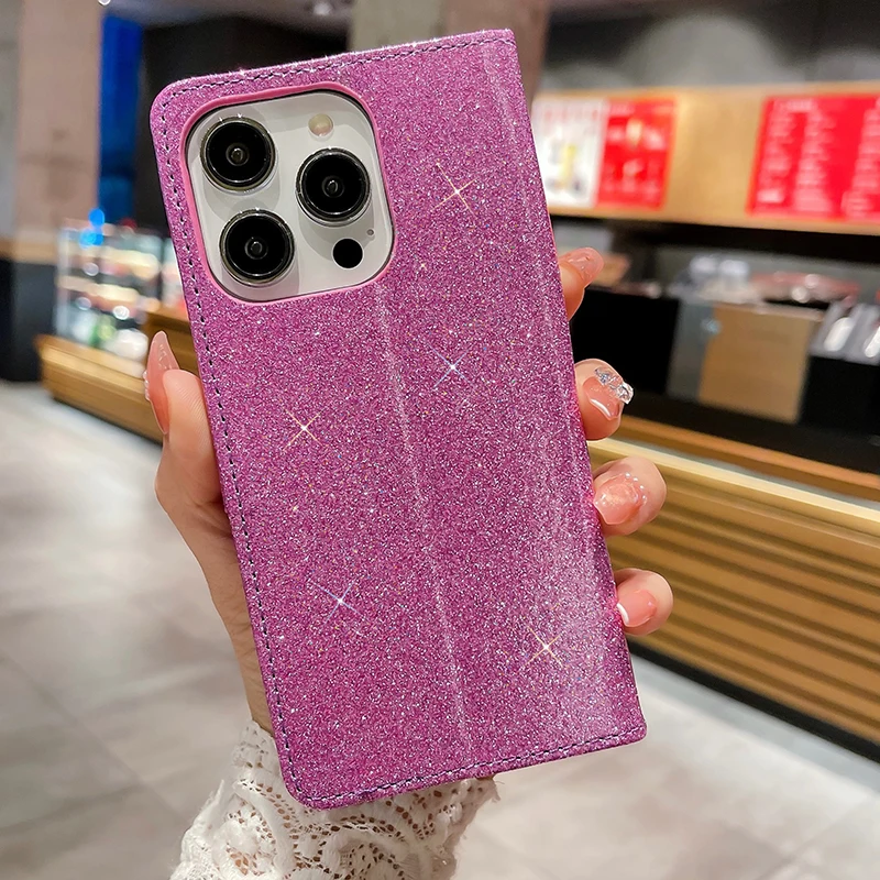 Glowing Glitter Leather Flip Phone Case Pink iPhone 17 ProMax Air 16 E 15 Pro 14 Plus 13 12 Mini X XR XS 11 Max 7 8 Luxury Cover