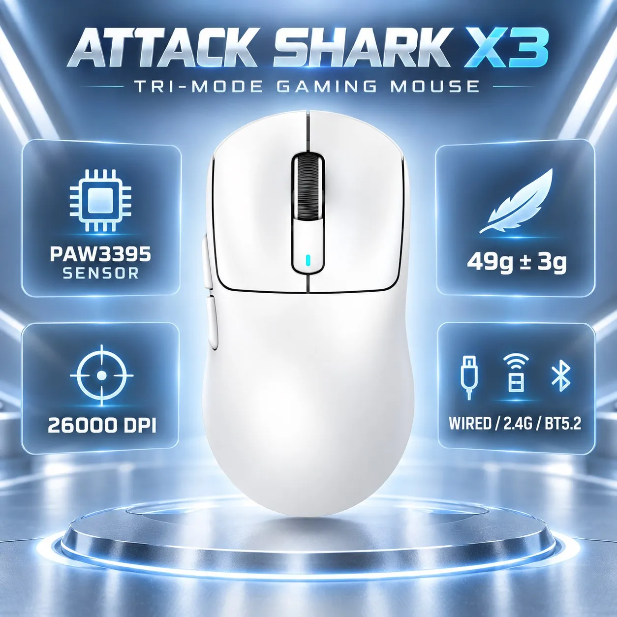 ATTACK SHARK X3 Tri-Mode Wireless Mouse PAW3395 26K DPI Ergonomic Waist Design Broadcom BK3633 Lightweight for PC Laptop