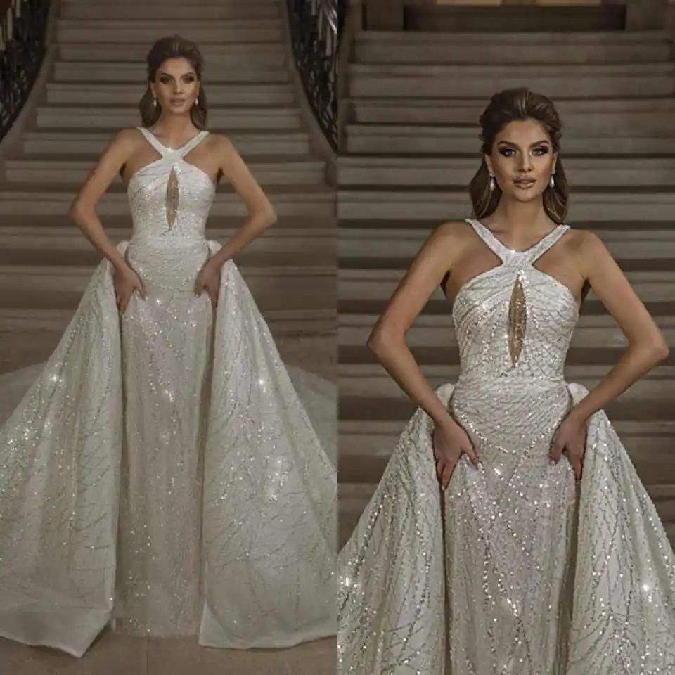 Stunning Princess Prom Dresses Mermaid Sequined Special Design Floor-Length Princess Bride Wedding Dress Custom Made