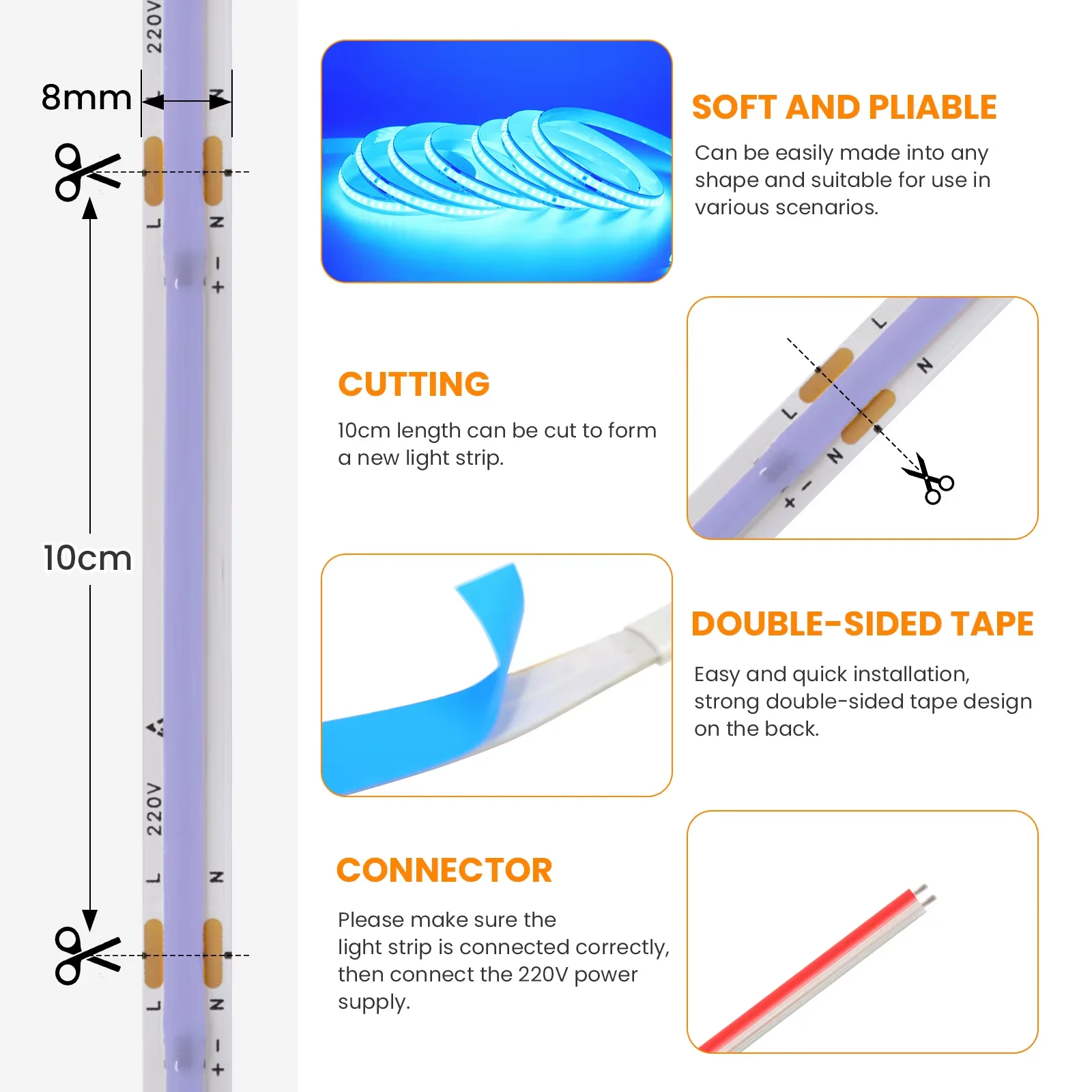 220V COB LED Strip Light Flexible COB LED Tape with Adhesive Tape 240LEDs High Density Linear Lighting Ribbon 5M 10M 20M 50M