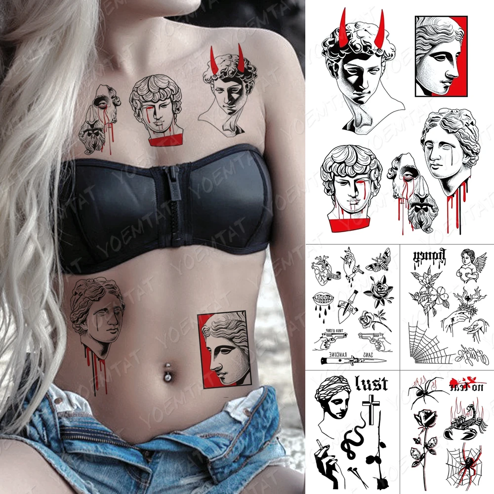 

Dark Waterproof Temporary Tattoo Sticker David Sculpture Angel Spider Hand Body Art Fake Tatoo Men Women Sexy Transfer Tattoos