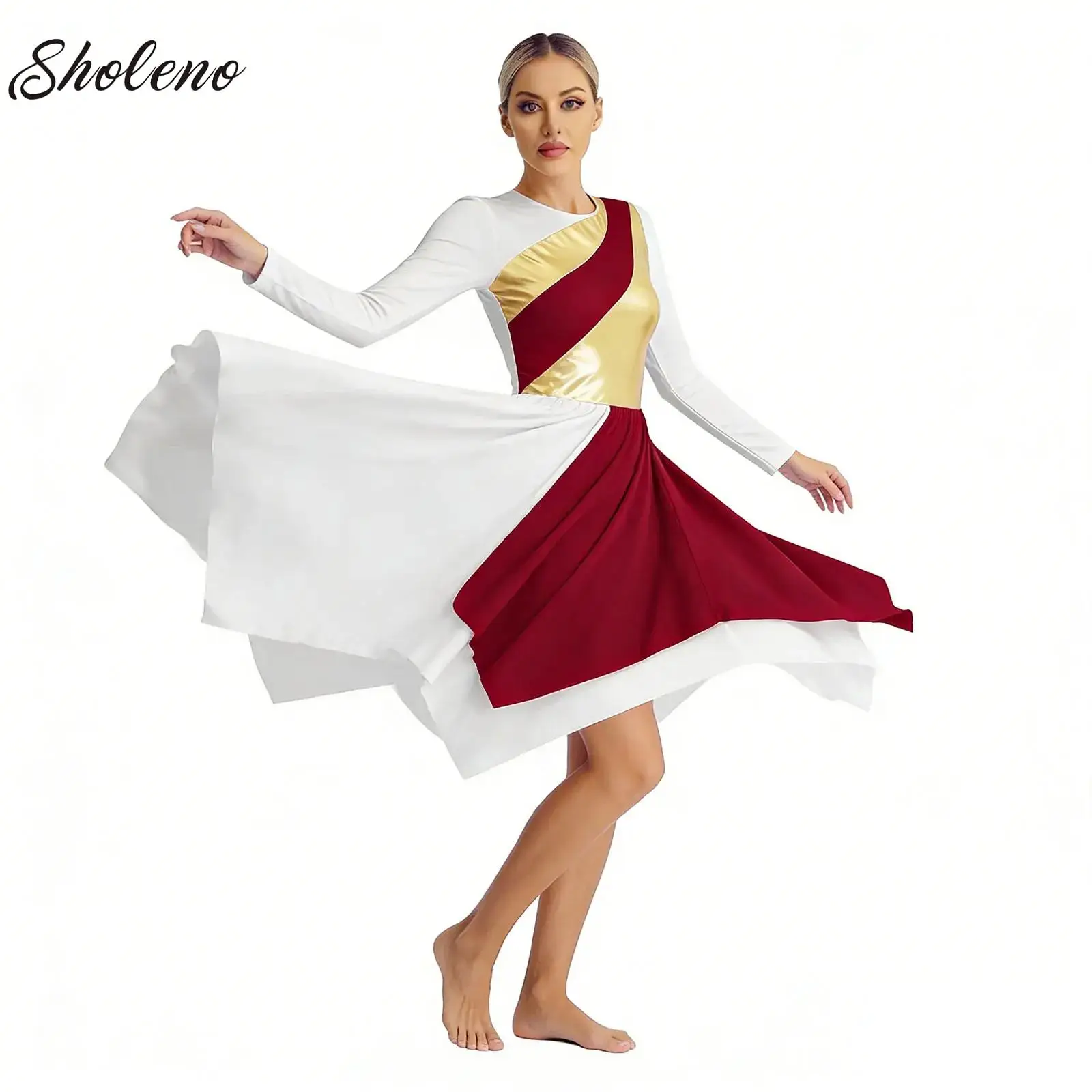 

Women's Praise Liturgical Dance Dress High Low Worship Metallic Color Block Lyrical Celebration of Spirit Dance Stage Clothes