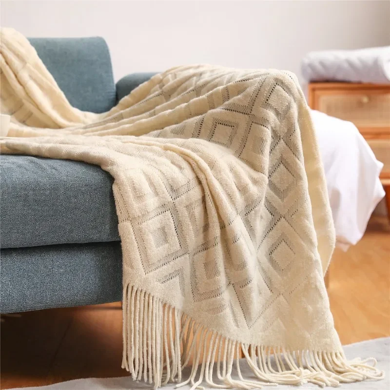 

Textile City Diamond Shaped Cashmere Sofa Blanket Solid Winter Thickened Knitting Tassels Blanket Office Nap Jacquard DIY Towel