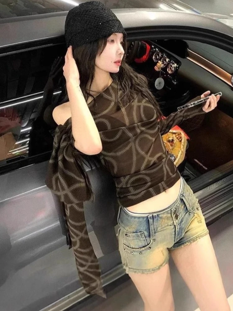 Y2k Aesthetic Printing Vintage Gauze T-shirt Women Sexy Skew Collar Grunge Tshirts Harajuku Vintage See Through Slim Fit Tees