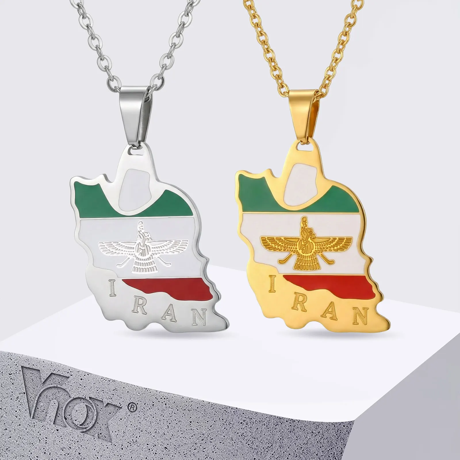Vnox Iran-Karten-Anhänger-Halskette für Männer, Edelstahl-Kastenkette mit Flaggenfarben Grün Weiß Rot, Patriotisches Friedensschmuck-Geschenk