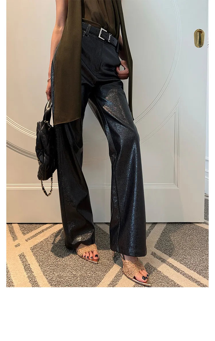 Lautaro Spring Autumn Shiny Lizard Print Pu Leather Straight Pants Women High Waist 2026 Chic Luxury Brands Alternative Pants