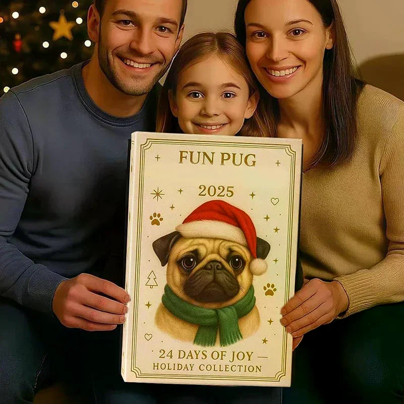 Calendario dell'Avvento carlino 2025, calendario dell'avvento natalizio da 24 giorni con simpatici ornamenti pendenti per cani carlino, regalo di festa per gli amanti dei cani