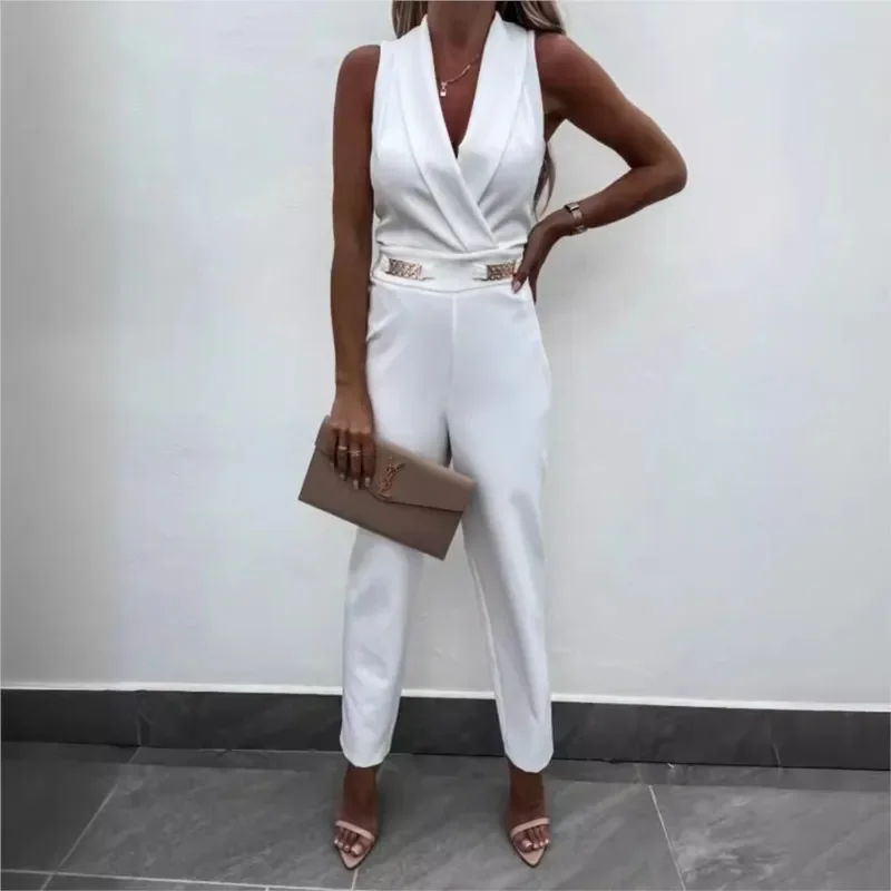 女性の夏のジャンプスーツ背中の開いた V ネック固体ジッパーオフショルダーノースリーブオーバーオールポケット付きカジュアルスリムロングロンパース女性