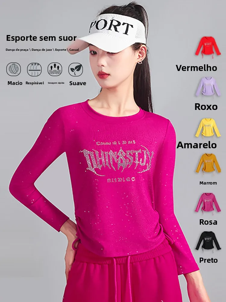 女性用長袖フィットネスtシャツ速乾スリムグリッタースクエアダンス体操トレーニングトップ通気性スポーツウェア