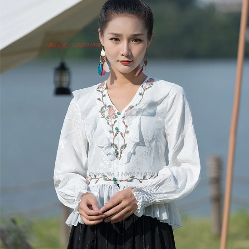 2025 chinese vintage blouse improved hanfu tops national flower embroidery satin jacquard v-neck folk blouse ethnic streetwear