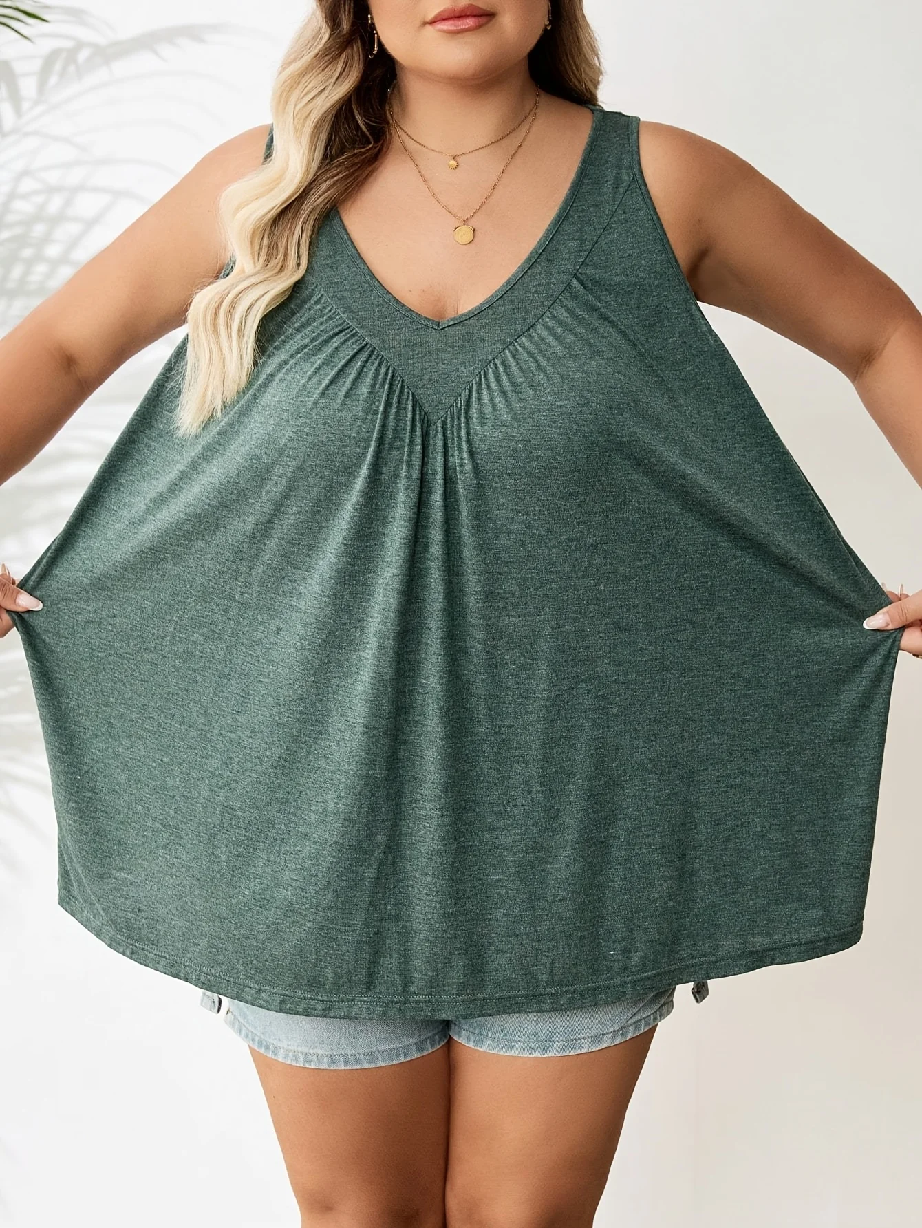 2025年新作 プラスサイズ レディース グリーン Vネック ルーズ エレガント カジュアル ベスト サマー トップス タンク