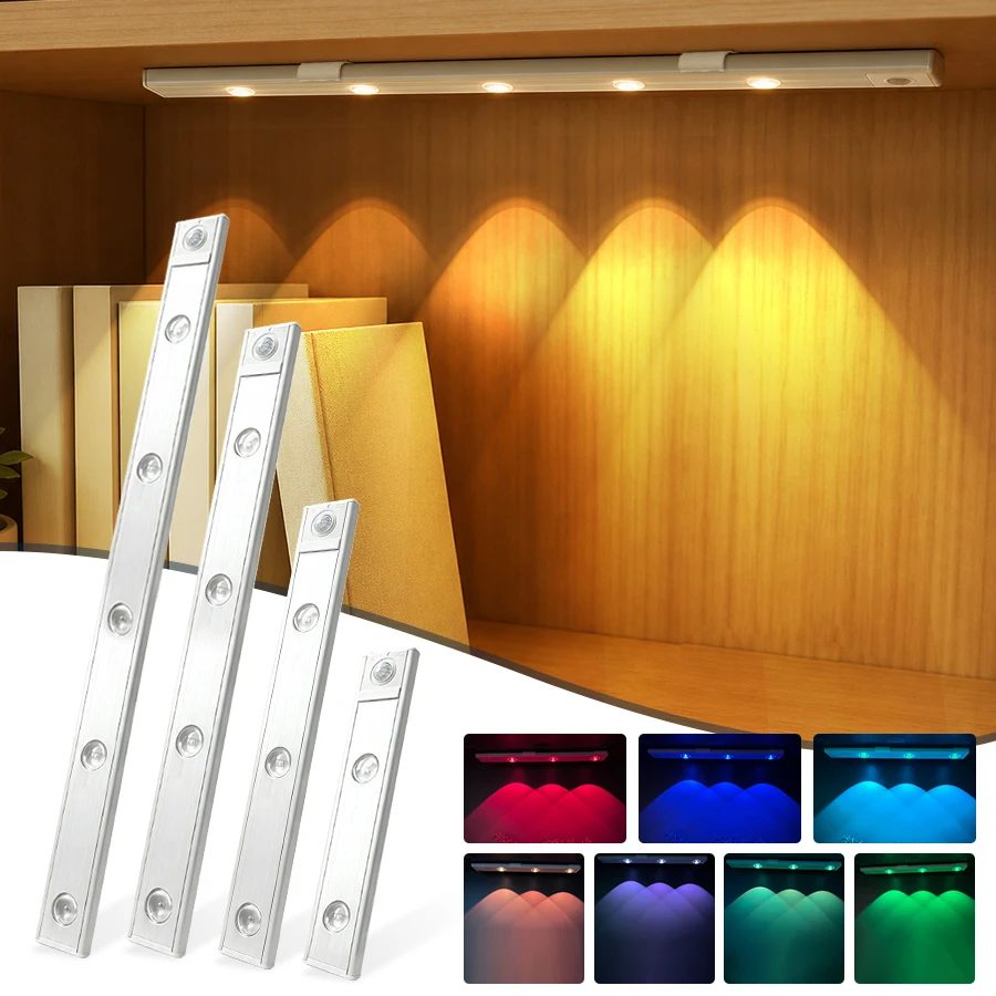 Motion Sensor LED Cabinet Light RGB Rechargeable Magnetic Under Counter Closet Lamp Wireless Night Light Bar Library Bedroom