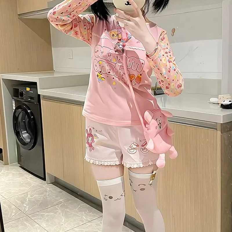Pantaloncini Kawaii originali per ragazze giapponesi Studente Y2K Pantaloncini in vita elastica con ricamo a fumetti Pantaloncini casual quotidiani carini per figlia