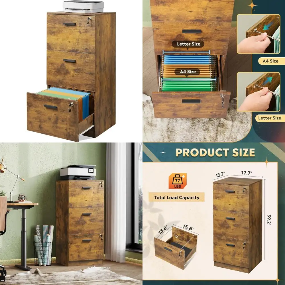 Vertical Wooden 3-Drawer File Cabinet with Lock, Home Office Letter and A4 Size Filing Storage, Printer Stand, Rustic Style