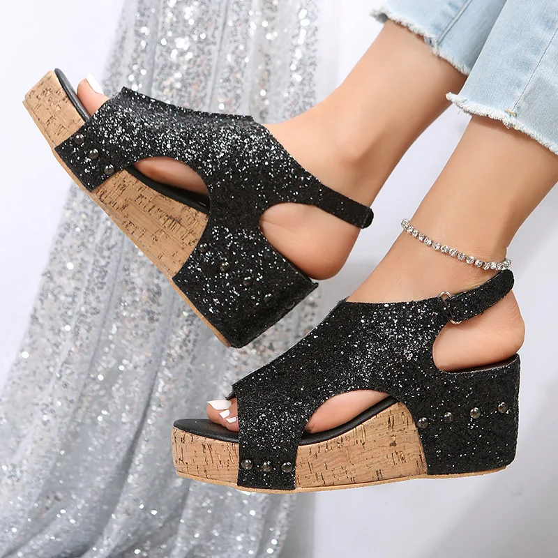 New Large Size 36-43 Wedge Heel Sandals for Women Sequin Thick Bottom Hollow Summer Sandals Fashion Open-toe Cool Roman Shoes
