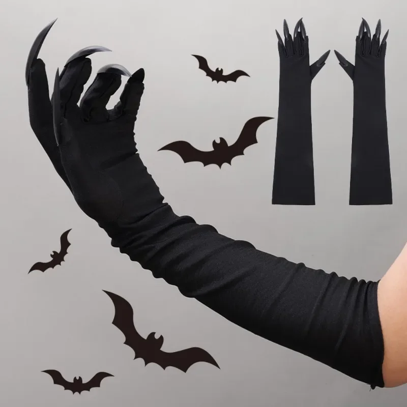 Black Halloween Cosplay Gloves Spandex Ghost Claw Long Nail Gloves Simple Elastic Comfortable Long Gloves Fashion Accessories