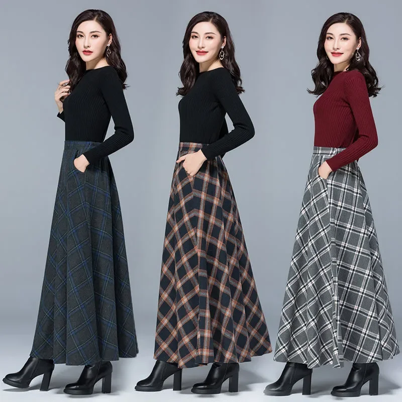 Mãe cintura alta saias xadrez de lã 2022 outono inverno feminino 3xl lã maxi saias moda feminina casual longo streetwear